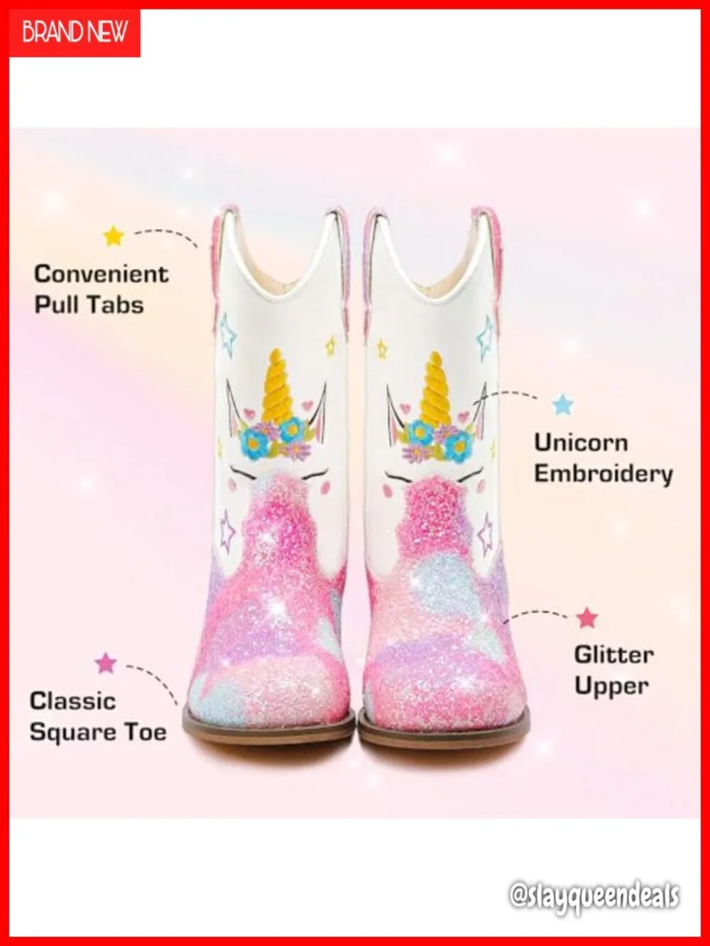 Girls Cowgirl Boots Glitter Unicorn Mid Calf Square Toe Toddler Kids